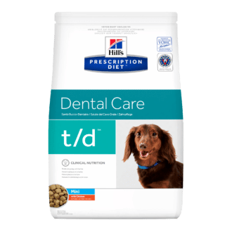 Hampaiden hoitoon tarkoitettu Hill's PRESCRIPTION DIET t/d Mini vähentää hammaskiviä ja plakkia verrattuna tavalliseen koiranruokaan - Inushop.fi